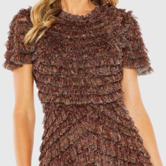 Mac Duggal 8042 Brown Ruffle Floral Maxi Dress Gown - Picture 3 of 15